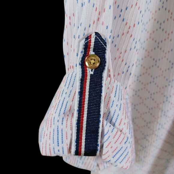 Tommy Hilfiger Pintuck 1/4 Button Roll Tab White Red Blue Tunic Top Size XL EUC - Picture 6 of 10